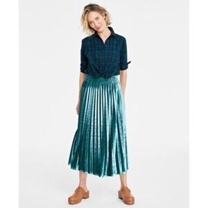 On 34th Velvet Pleated Midi Skirt M Emerald Green Elastic Waist Modest Spring